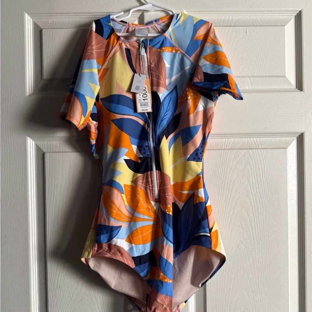 Kona Sol Multicolor Tropical Zip-Front Short Sleeve swimsuit
